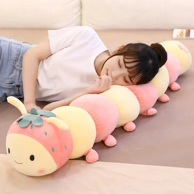 Pastel Fruit Caterpillar Long Pillow Plush Pink and Yellow